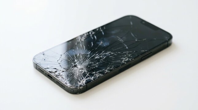 A cracked iPhone rests on a white surface. The smartphone's screen is shattered with numerous cracks and shards of glass.