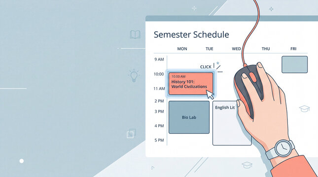 Vector illustration of a student hand using a computer mouse to organize an online semester schedule