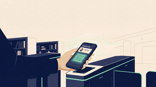 Minimalist vector of a student scanning a digital ID card QR code on a smartphone at a library gate