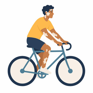 Flat vector illustration of a young man with vitiligo skin condition riding a blue road bicycle wearing a yellow t-shirt and dark shorts, isolated on white background.