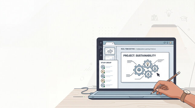 Vector illustration of a hand using a stylus on a laptop screen for online collaborative project.