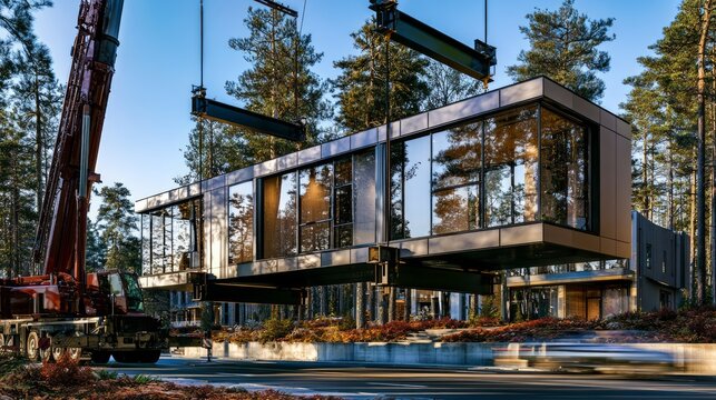 Modern Modular Building Assembly in Forested Environment with Crane Lifting Prefabricated Components at Dawn