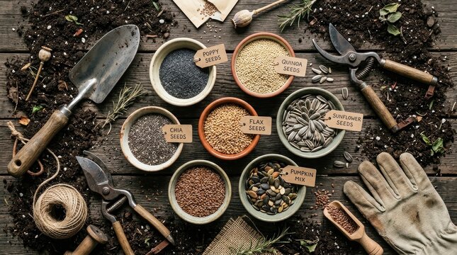 A dark wooden table displays a collection of various seeds and gardening tools.