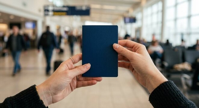 Person holding a passport in an airport terminal
Pessoa com passaporte em um terminal de aeroporto