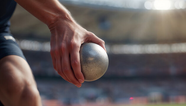 close up of an athlete holding a metal shot put ball in a stadium during a competition