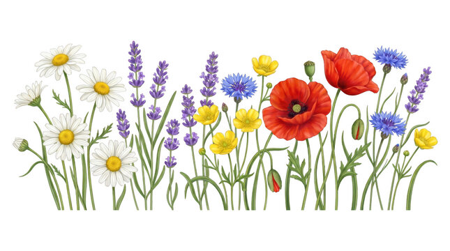 Wildflower meadow border with poppies daisies cornflowers and lavender watercolor illustration white background colorful flowers wildflowers cornflowers lavender watercolor botanical blooming