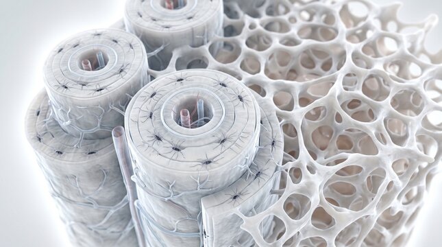 Abstract microscopic detail of human bone tissue showing osteon structure and porous matrix for medical and scientific illustration