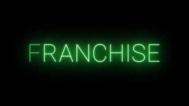 Flickering neon green glowing franchise sign animated black background.