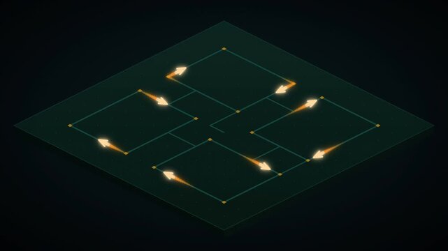 3D Isometric Circuit Board Grid with Glowing Orange Arrows Navigation Loop