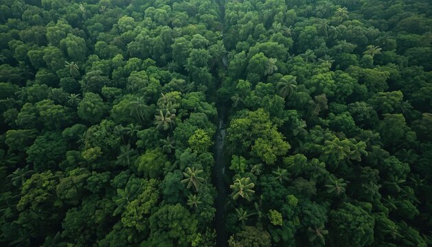Top-down aerial view over lush dense tropical rainforest canopy with rainforest environment tropical woodland vegetation ecosystem landscape wilderness conservation overview background