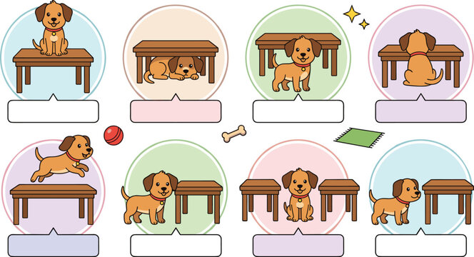 English Prepositions of Place Vector Worksheet Set with Cute Puppy Character, Tables, Speech Bubbles, and Location Indicators for Kindergarten Language Education