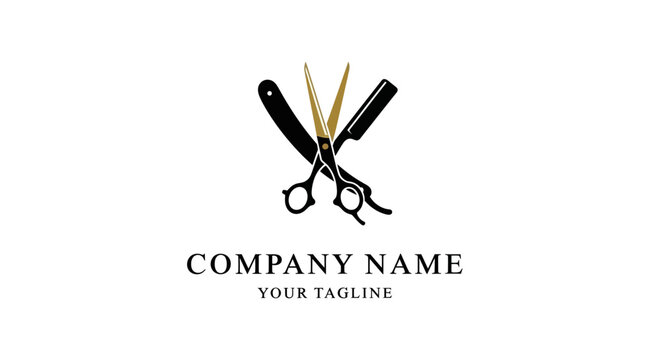 Barber shop logo with scissors and straight razor.