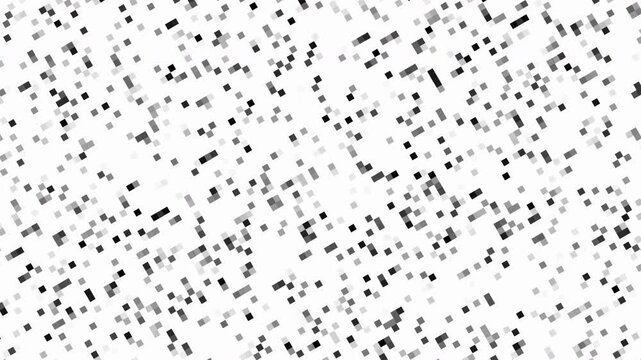 Abstract monochrome digital pixel rain animation with falling black and grey square blocks on white background for technology data concept