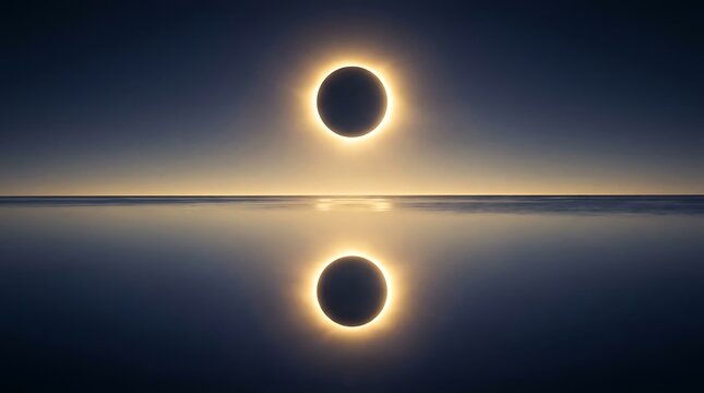 Solar eclipse reflection over calm water at twilight with symmetrical horizon