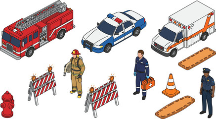 Isometric Emergency Services Vector Set with Fire Truck, Police Car, Ambulance, First Responders, and Rescue Equipment Icons for City Infrastructure Infographics © mstLilima