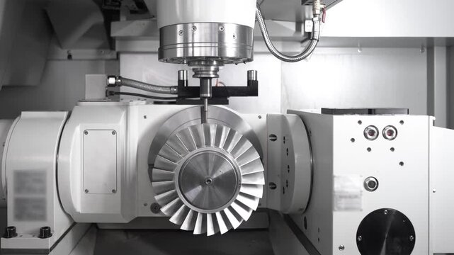 Industrial manufacturing machine precisely measures turbine part, demonstrating advanced engineering and production technology.