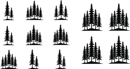 Pine tree cluster silhouettes set, evergreen forest icons, coniferous woodland vector illustration, nature design artwork for environmental themes © Mahabuba