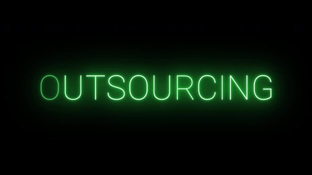 Flickering neon green glowing outsourcing sign animated black background.