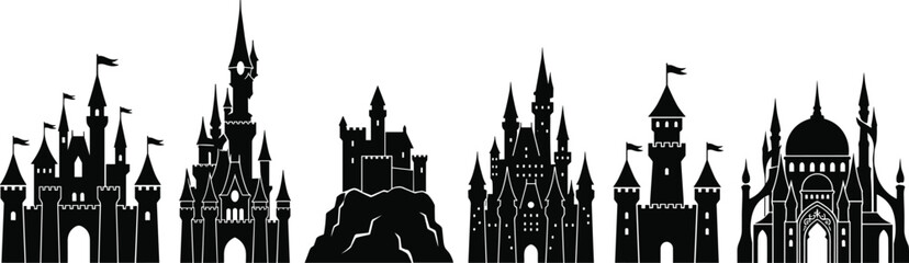 Castle silhouettes set, medieval fortress towers, fantasy palace spires vector illustration, architectural design artwork for fairytale and history themes © Mahabuba