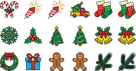 Fototapeta premium Christmas icons set, festive holiday symbols, candy cane, tree, wreath, gift, gingerbread vector illustration, seasonal design artwork collection