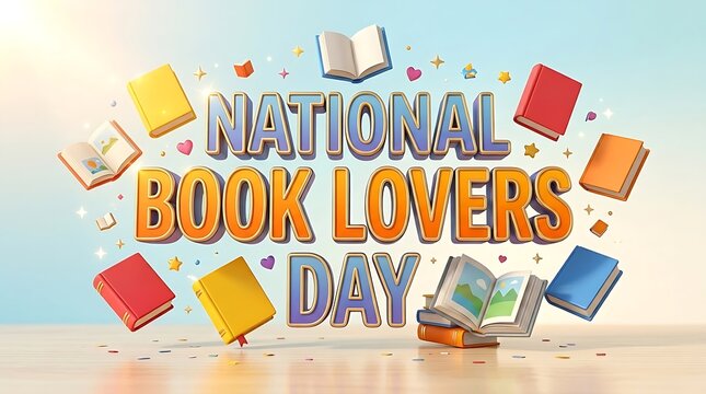 National book lovers day text sign surrounded by colorful flying books and decorative elements for a fun library celebration