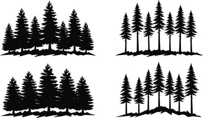 Evergreen tree cluster silhouettes set, pine and fir forest icons, coniferous woodland vector illustration, nature design artwork for eco themes © Mahabuba