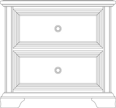 Technical 2D vector line drawing of a classic traditional bedside nightstand with two drawers for architectural interior design blueprints.