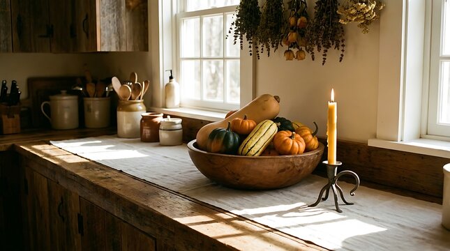 Autumn squash on kitchen counter with candle