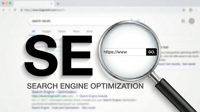 Large magnifying glass focusing on search engine optimization text over a digital web browser interface background