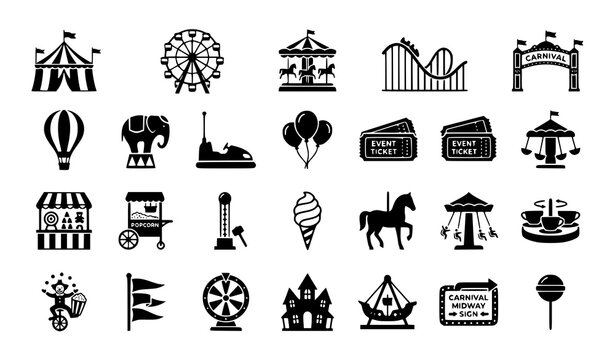 Black carnival and amusement park silhouette icon pack vector illustration