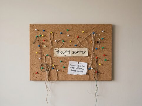Corkboard with Tangled Strings and Notes for Low Attention Span