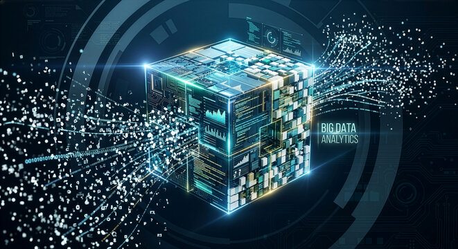 「BIG DATA ANALYTICS」の文字とデジタルキューブを配したビッグデータ解析のイメージ。未来のサイバー空間、データサイエンス、AI、量子コンピューティングを表現したテクノロジー背景素材