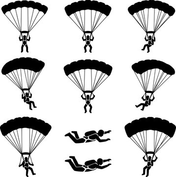 Parachuting and Skydiving Silhouette Set Vector Illustration with Multiple Freefall and Canopy Descent Positions