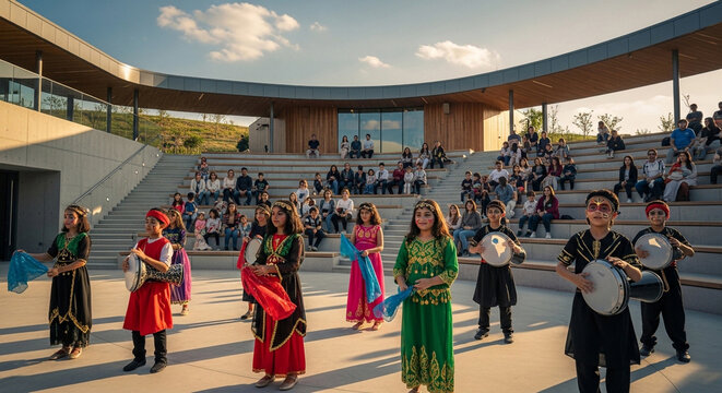 Children in colorful traditional costumes perform with drums and scarves on an outdoor stage in front of an audience at a cultural event.