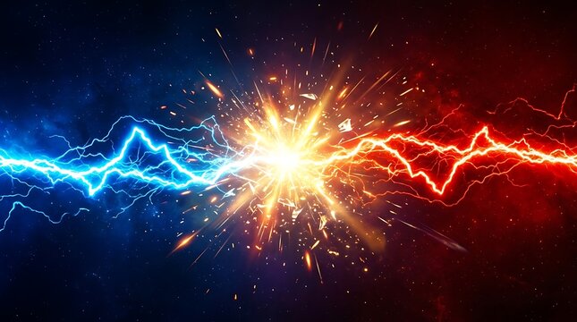 Bright blue and red electrical lightning bolts colliding in a powerful explosion of light with sparks on a dark black background