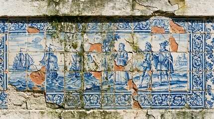 Fototapeta premium Hand-painted azulejo tiles depicting historical maritime scene in blue and white traditional Portuguese style
