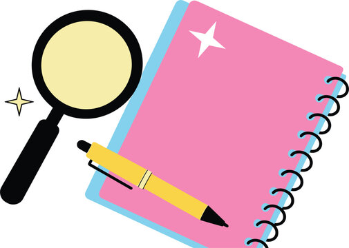 Colorful vector illustration of pink spiral notebook with yellow pen and magnifying glass for research concept