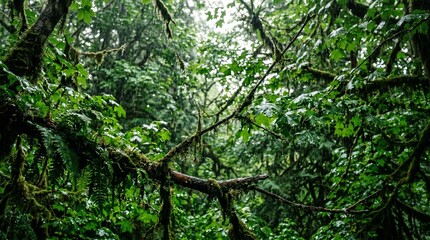 Obraz premium Vibrant green leaves and dark tree branches in a lush tropical forest with soft natural sunlight filtering through the canopy