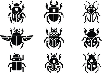 Obraz premium Geometric beetle and bug silhouette icon set featuring black tribal scarab ladybug and insect vectors isolated on white background.