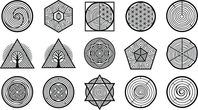 Sacred geometry and wood cross section icon set featuring black line art vectors of tree rings spiral mandalas star of david and celtic knot symbols.