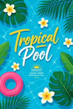 Tropical Swimming Pool Vector Illustration with Flowers and Leaves