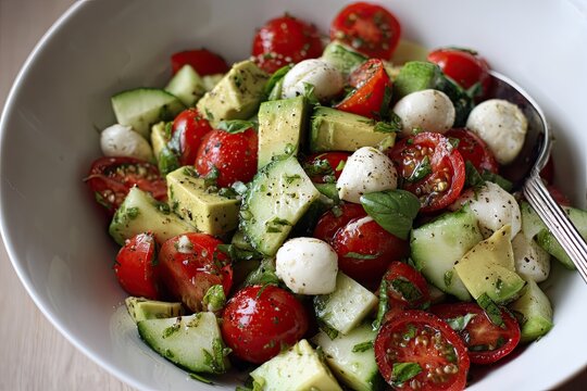 Fresh Caprese Salad with Avocado and Cucumber in a White Bowl