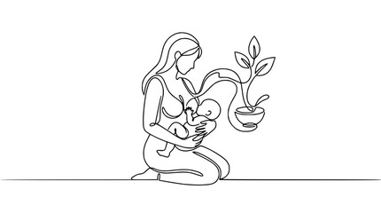 Obraz premium Mother breastfeeding baby, growth, plant nourishment, healthy lifestyle, continuous line art