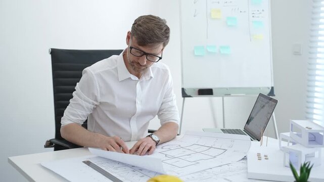 Architect drawing building plans on blueprints using a compass, creating a new construction project design, working on engineering and drafting tasks in an office