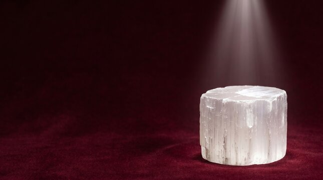 Luminous white selenite crystal pillar platform with unseen light beam