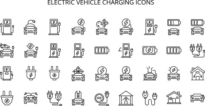 Electric Vehicle Charging Icon Set With EV Station Battery Plug Charger Home Power And Sustainable Transport Vector Illustration