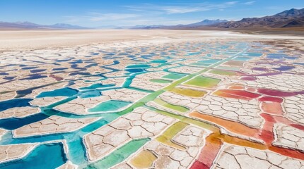 Fototapeta premium Vibrant Salt Flats Landscape with Colorful Water Ponds