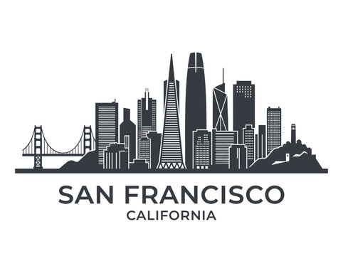 Striking vector illustration of the famous San Francisco skyline, showcasing iconic architectural landmarks and a grand suspension bridge.