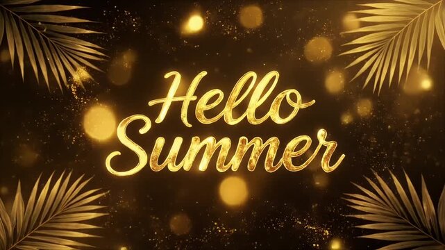 "HELLO SUMMER" text animation in luxurious golden typography, shimmering gold particles flowing around the letters, elegant ink splash reveal effect