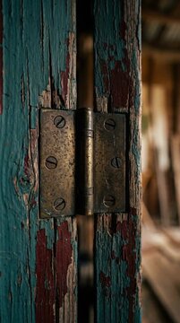 Close-up View of Vintage Brass Hinge on Weathered Wooden Door with Intricate Details